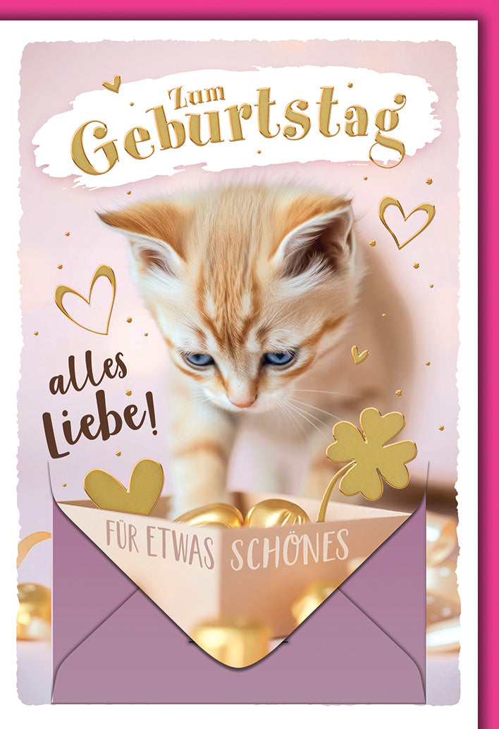 Geburtstagskarte Geldkuvert: Süßes Kitten mit goldenen Kleeblättern in Rosa-Tönen