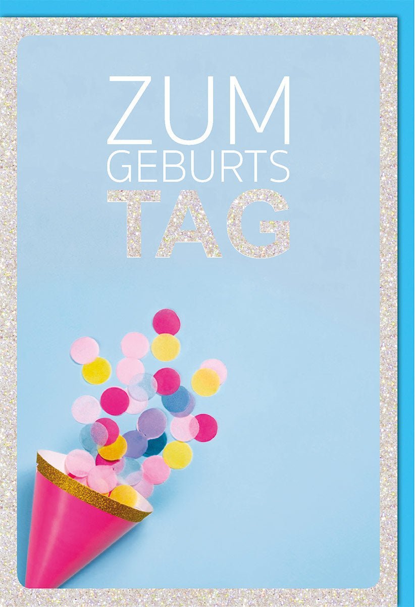 Geburtstagskarte "Zum Geburtstag" – Elegantes Konfetti-Design auf Blau mit Glitzerlack & passendem Kuvert.