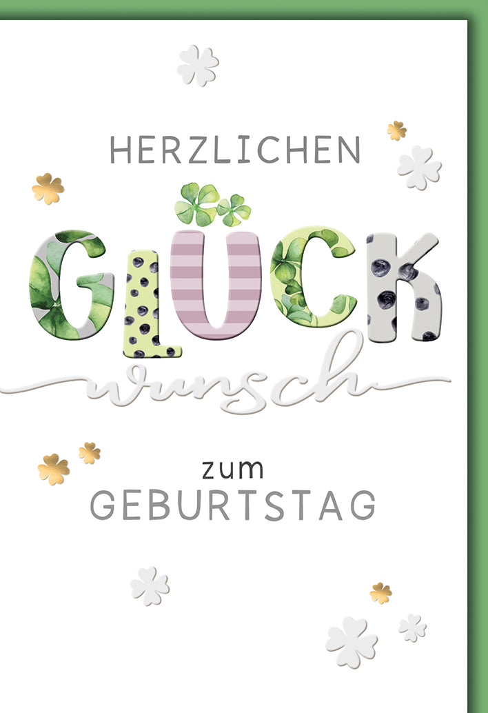 Geburtstagskarte Glück: Bunte Kleeblätter mit eleganter Typografie und Glückwunsch