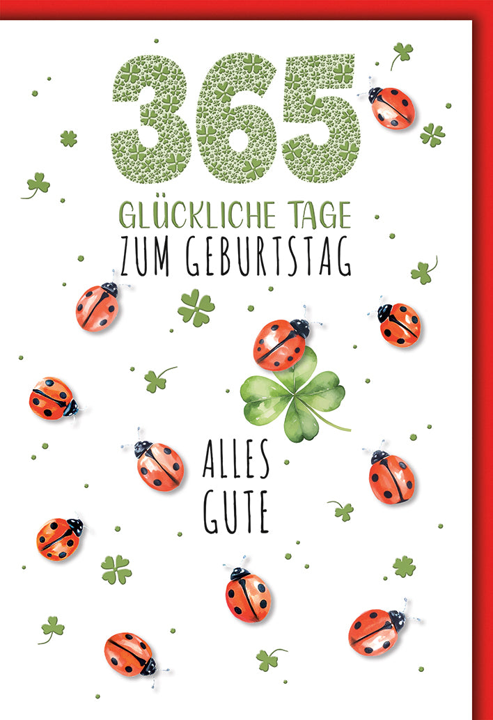 Geburtstagskarte Glücksbringer: 365 aus Kleeblättern mit Marienkäfern, elegant