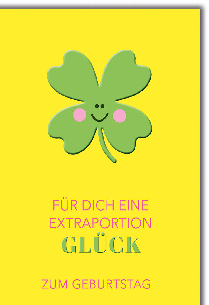 Geburtstagskarte Glücksbringer: Lächelndes Kleeblatt auf gelbem Hintergrund, lustig