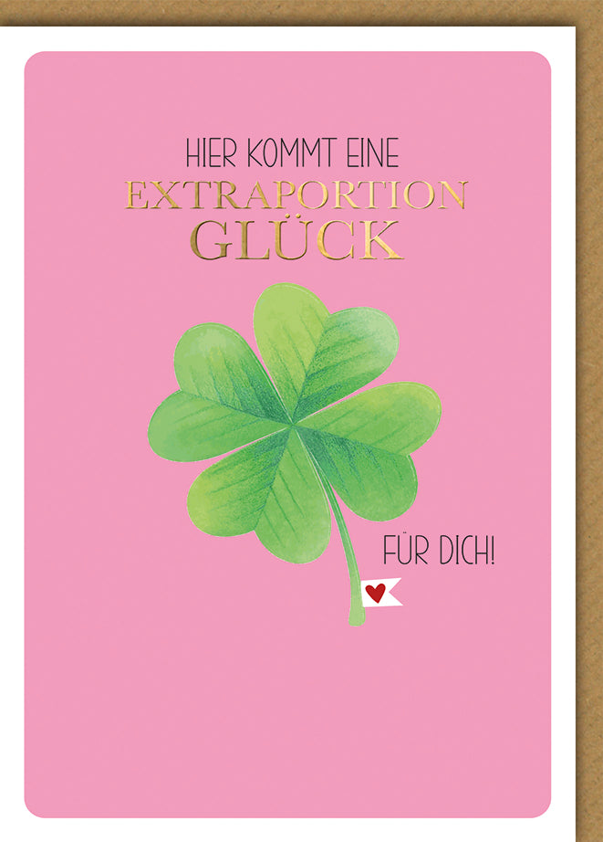 Geburtstagskarte Glücksklee: Vierblättriges Kleeblatt auf rosa Hintergrund, elegante Typografie