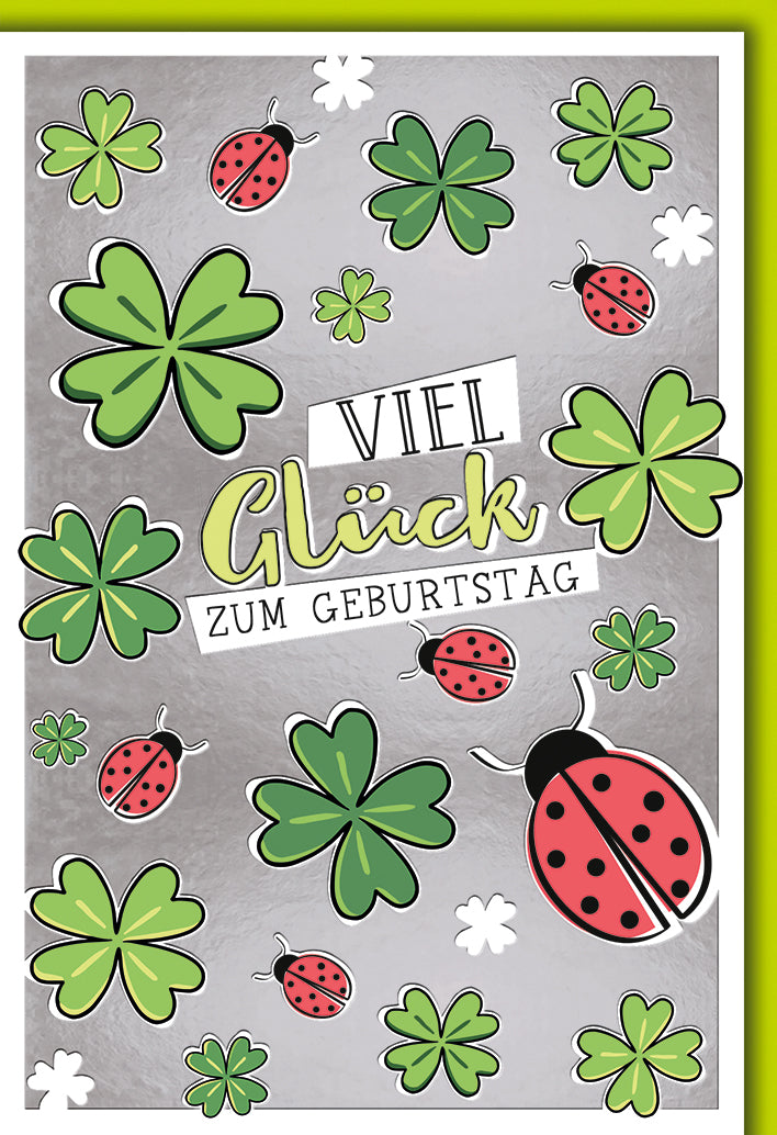 Geburtstagskarte Glückssymbole: Kleeblätter und Marienkäfer auf grauem Grund, elegant