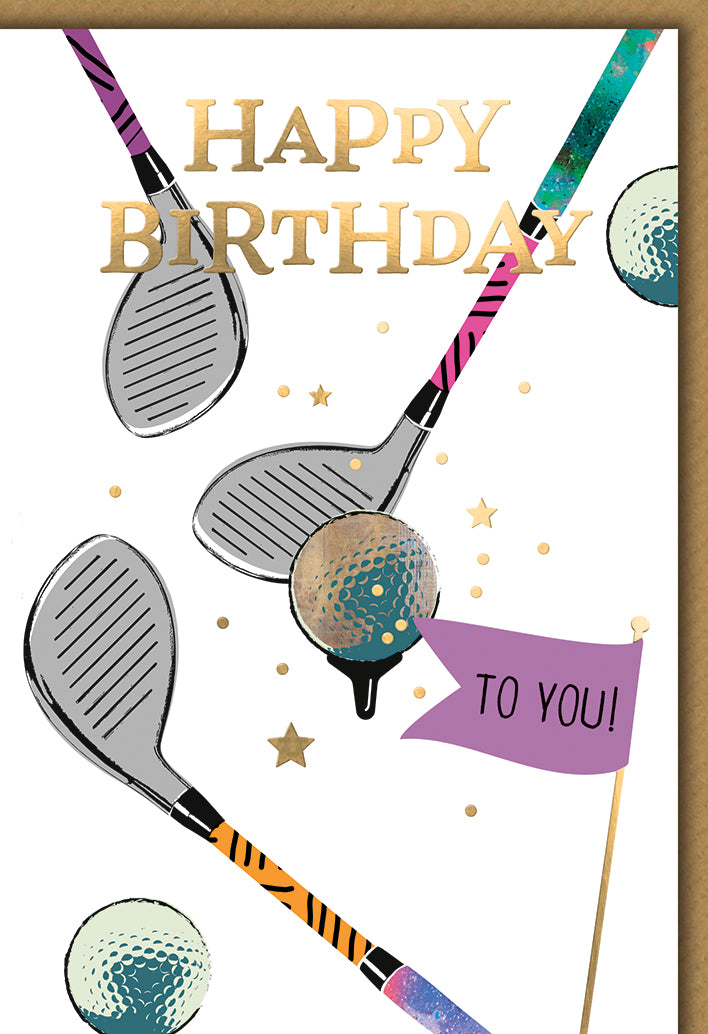 Geburtstagskarte Golf: Schläger und Bälle in trendiger Illustration mit Gold-Lettering