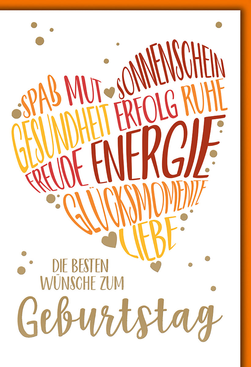 Geburtstagskarte Herz aus Worten: Bunte Wünsche in Rot- und Goldtönen für Freude und Glücksmomente
