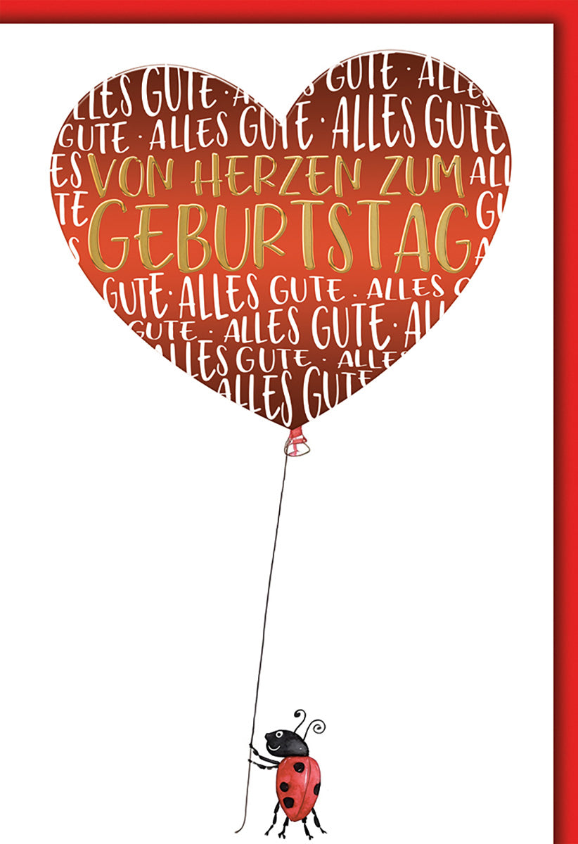 Geburtstagskarte Herzballon mit Marienkäfer – Rot-Weiße Farben, Verspieltes Design für Kinder