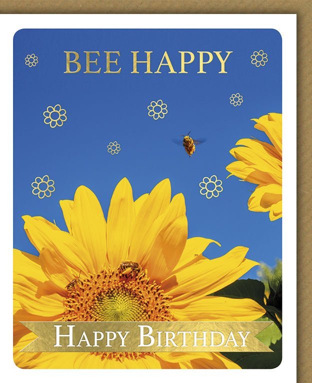 Geburtstagskarte "Bee Happy" Bienen & Sonnenblumen | Humorvolles Sommerdesign mit Folienprägung für besondere Glücksmomente