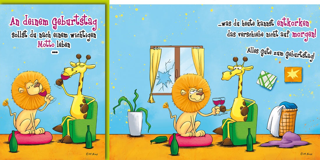 Geburtstagskarte: Humorvolle Tierfreunde mit Giraffe & Löwe, bunte Farben, lustiger Spruch für Erwachsene