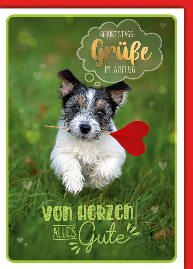 Geburtstagskarte Hund: Jack Russell Terrier mit rotem Herz, romantische Grüße