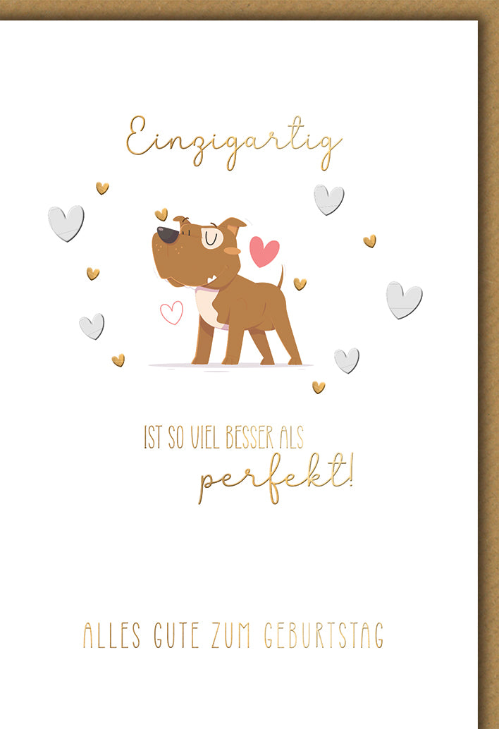 Geburtstagskarte Hund: Süßer brauner Welpe mit bunten Herzen und inspirierendem Spruch