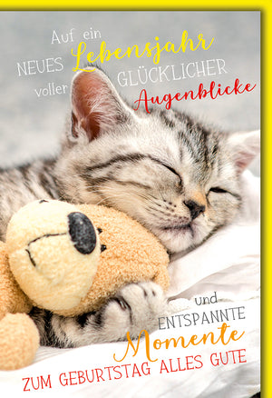Geburtstagskarte Kätzchen: Schlafendes Kitten mit Teddy in warmen Tönen, emotionaler Text