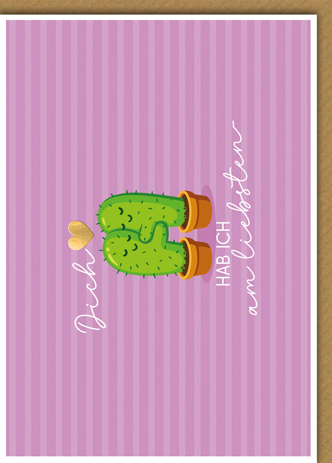 Geburtstagskarte Kakteen: Süßes Pärchen mit romantischem Spruch auf pinkem Streifenhintergrund