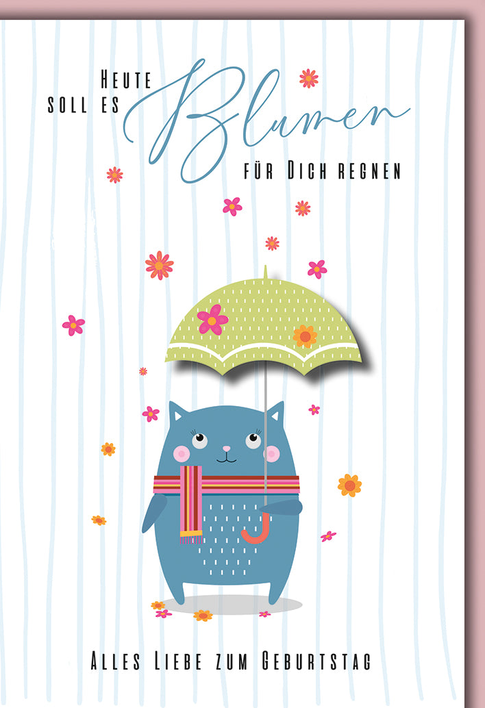 Geburtstagskarte Kinder: Blaue Katze mit grünem Schirm im bunten Blumenregen