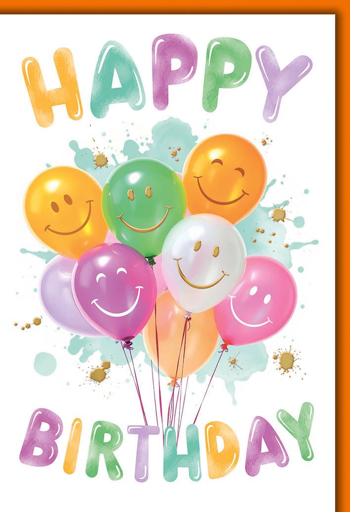 Geburtstagskarte Kinder: Bunte Smiley-Luftballons mit HAPPY BIRTHDAY, lustig-modern