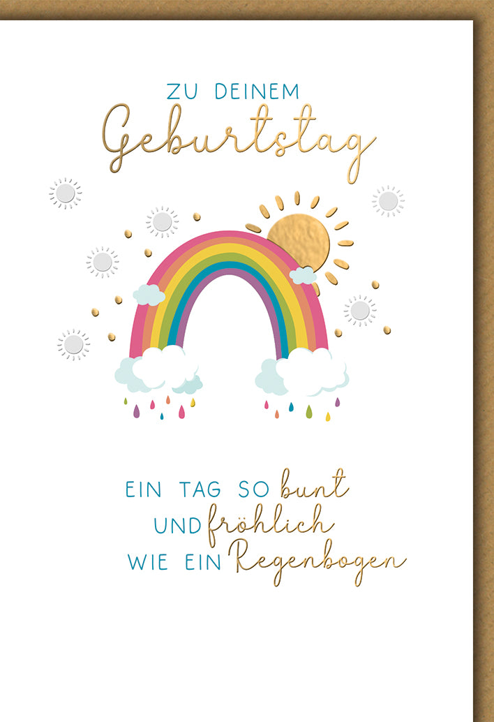 Geburtstagskarte Kinder: Bunter Regenbogen mit Sonne und Wolken, fröhlicher Spruch
