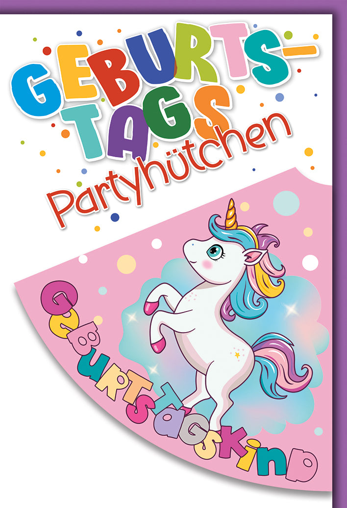 Geburtstagskarte Kinder: Comic-Einhorn mit buntem Partyhut und fröhlicher Typografie
