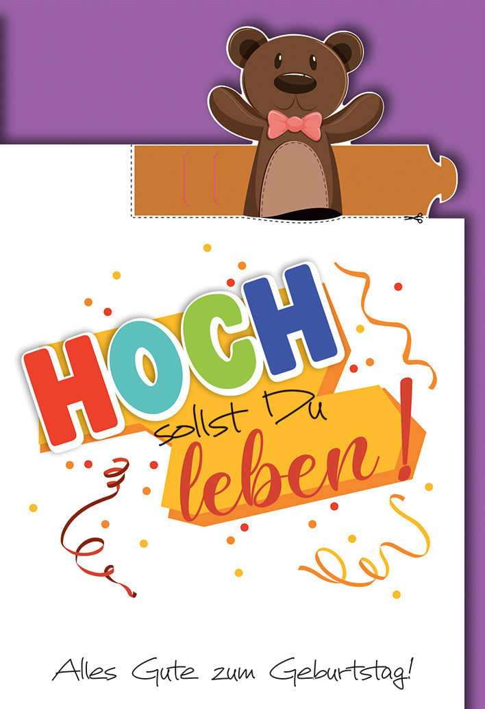 Geburtstagskarte Kinder: Fingerpuppe Teddy-Bär mit buntem "HOCH sollst Du leben!" Text