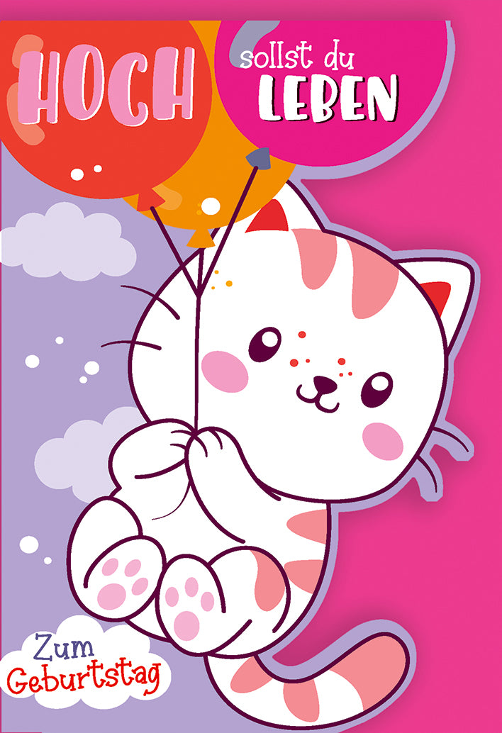 Geburtstagskarte Kinder: Niedliche Kawaii-Katze mit bunten Luftballons in Pink-Tönen