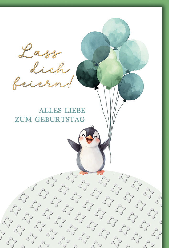 Geburtstagskarte Kinder: Süßer Pinguin mit Aquarell-Luftballons in Grün-Blau-Tönen