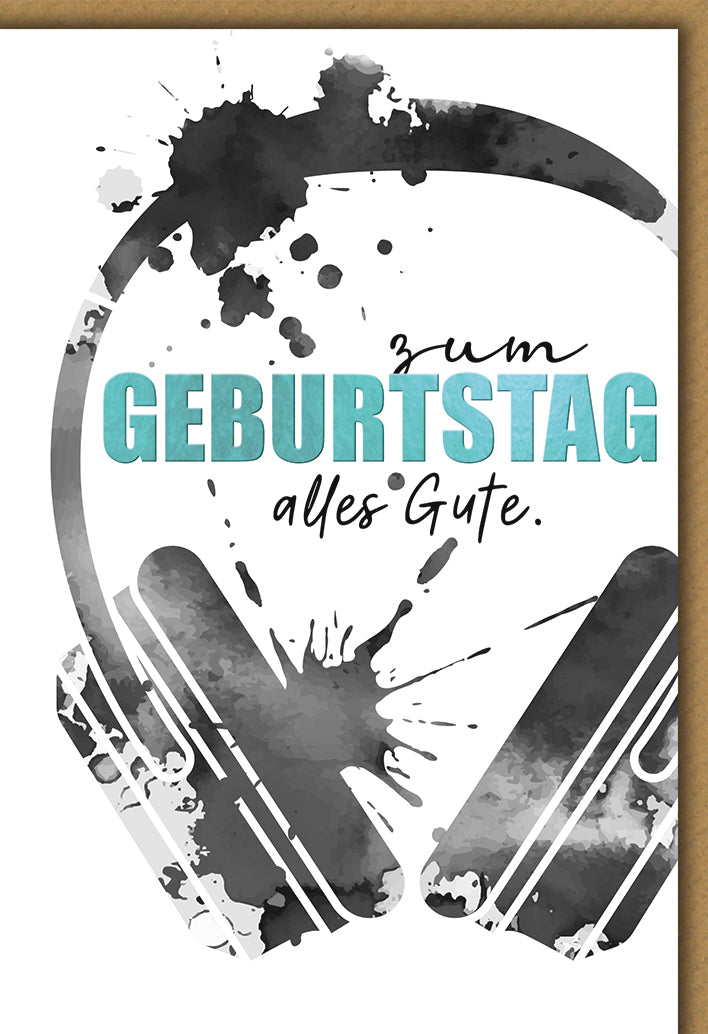 Geburtstagskarte Kopfhörer: Moderne Aquarell-Illustration in Grautönen mit türkisem Text