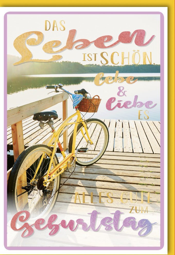 Geburtstagskarte mit Kuvert: Lebensfreude am See, Fahrrad Vintage Stil, Holzsteg – Herzliche Glückwünsche & Freude