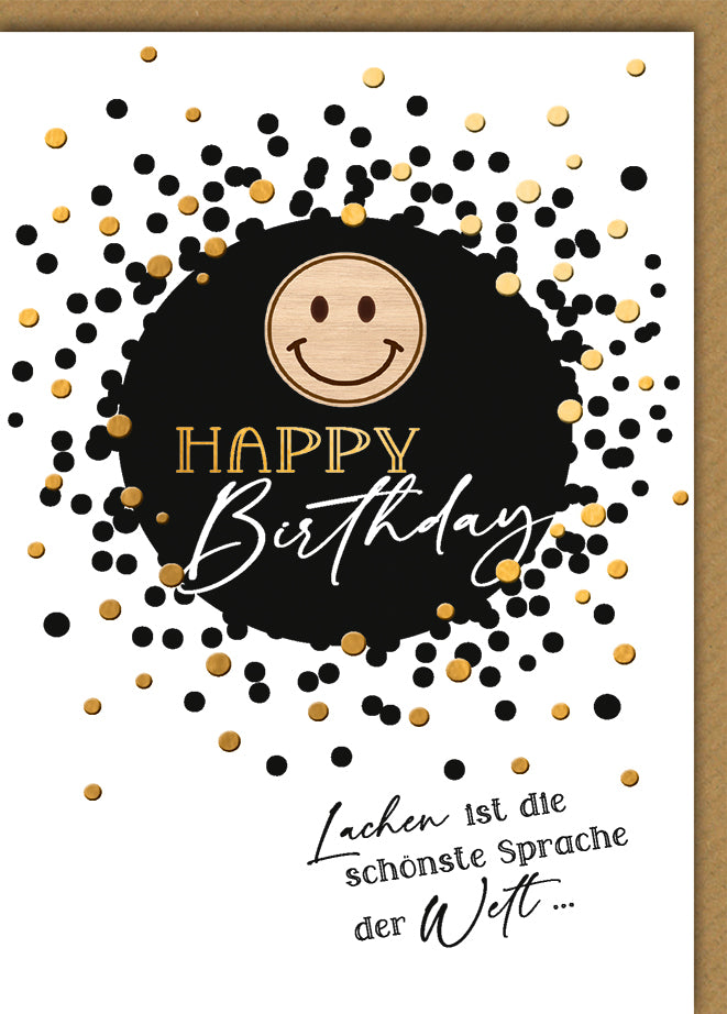 Geburtstagskarte Lustig: Holz-Smiley mit Konfetti-Explosion und inspirierendem Spruch