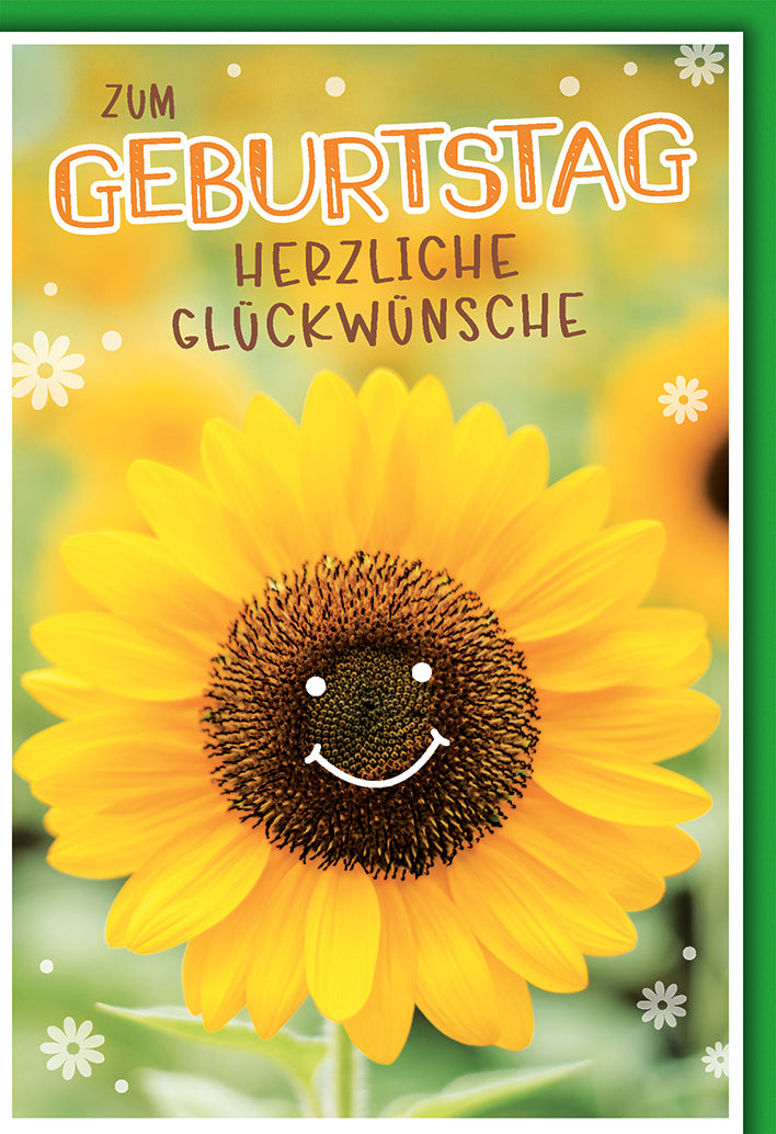Geburtstagskarte Lustig: Sonnenblume mit Smiley-Gesicht in strahlendem Gelb