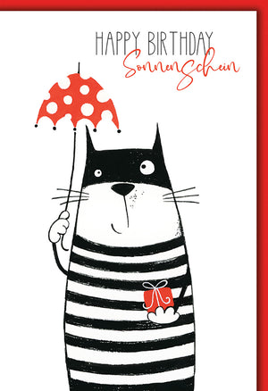 Geburtstagskarte: Lustige Katze mit Regenschirm und Geschenk – Schwarz-Weiß-Rot Design für Tierliebhaber