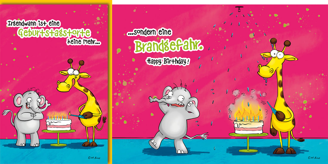 Geburtstagskarte: Lustige Tiere mit Giraffe & Elefant, bunte Farben, humorvolles Design für Kinder