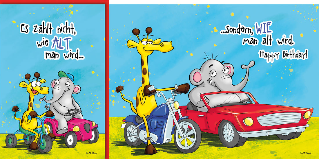 Geburtstagskarte: Lustige Tierfreunde auf Motorrädern – Bunte Illustration für Kinder und Junggebliebene