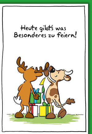 Geburtstagskarte: Lustige Tierfreunde mit Geschenken, bunte Farben, ideal für Kindergeburtstage