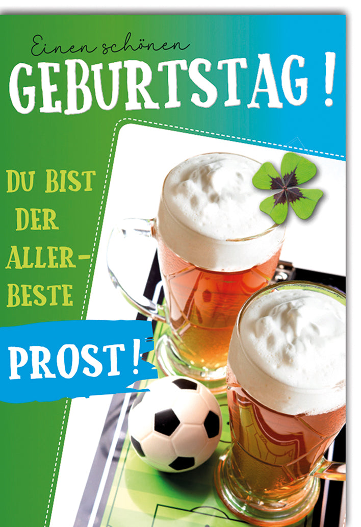 Geburtstagskarte Männer: Bier und Fußball mit Kleeblatt, grün-blaues Design