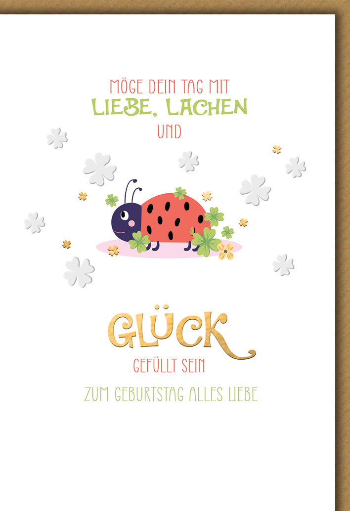 Geburtstagskarte Marienkäfer: Niedliche Comic-Illustration mit Kleeblättern und Glücks-Spruch