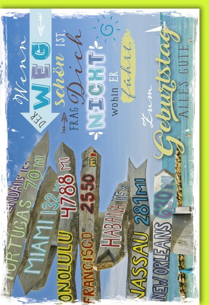 Geburtstagskarte: Abenteuerliche Meeresreise mit Strand & Wegweiser – inspirierende Glückwünsche für neue Wege, mit Kuvert