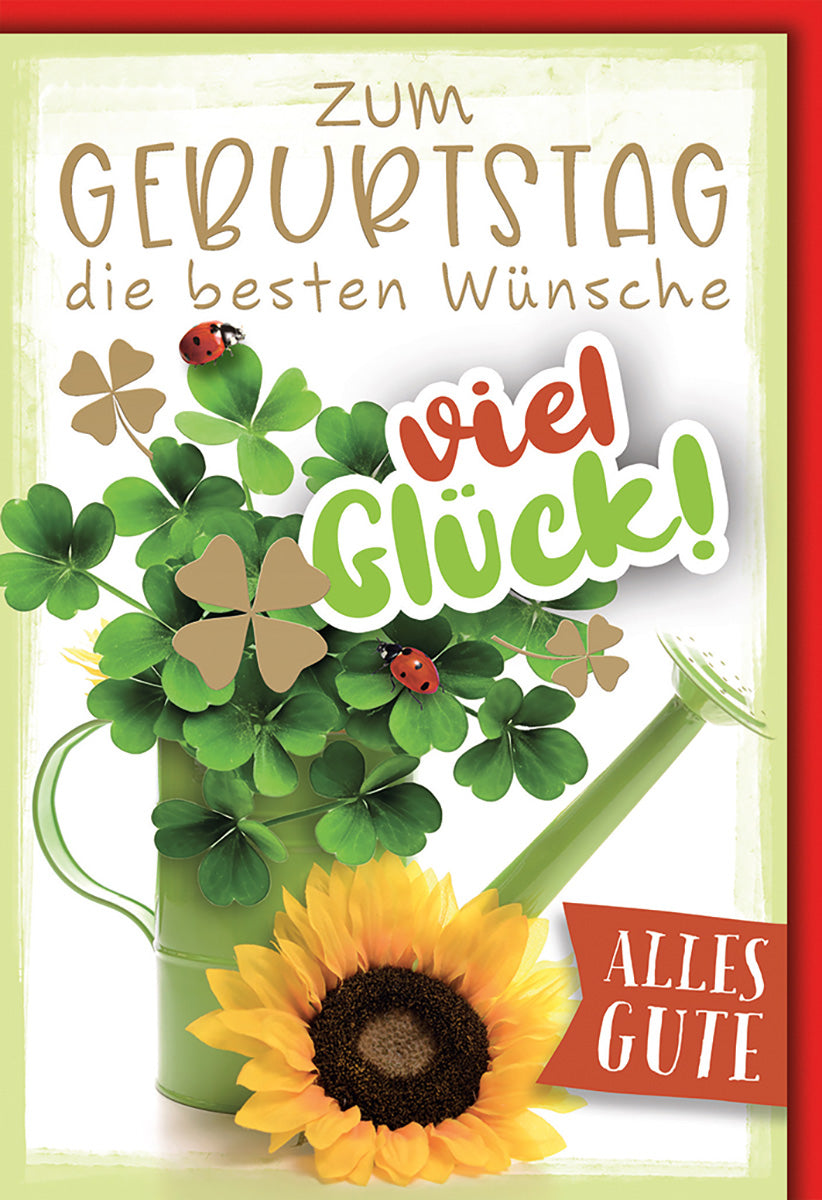 Geburtstagskarte mit Blumen: Glücksklee & Sonnenblume, Fröhliches Design für Gute Wünsche