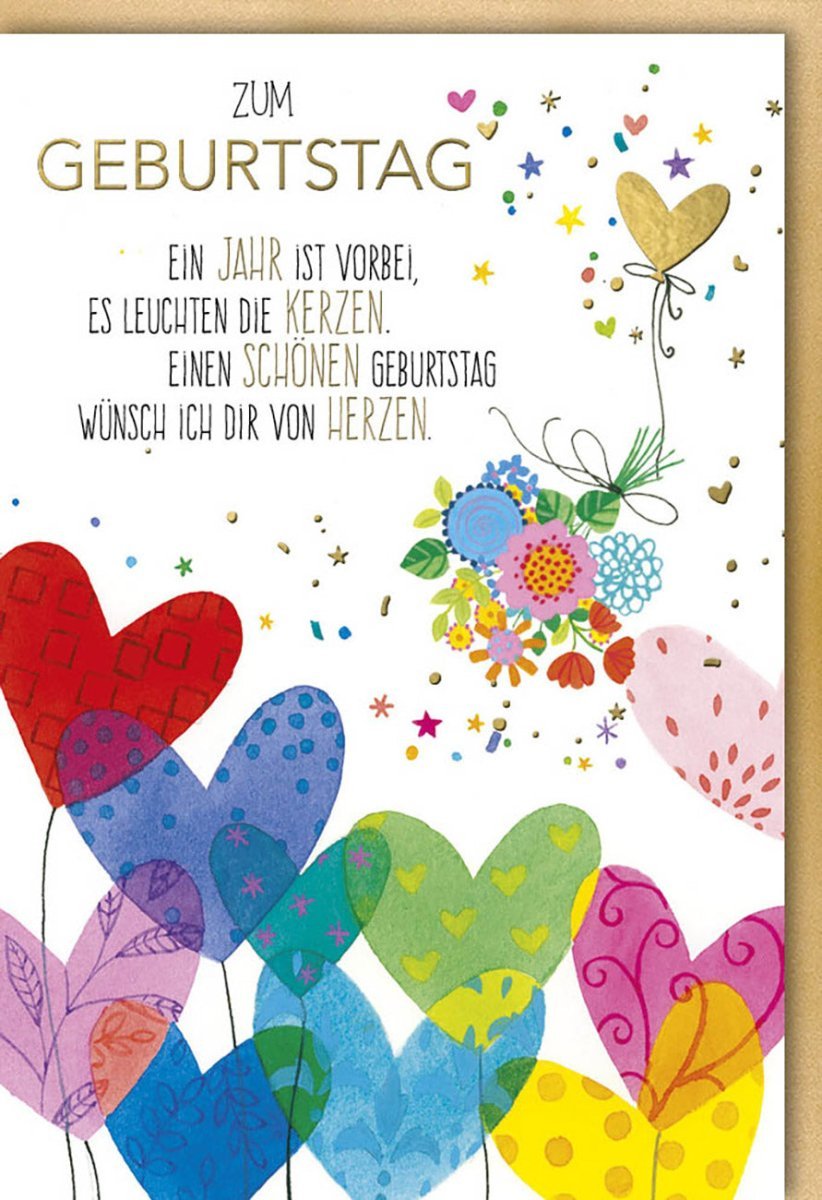 Geburtstagskarte Herzliche Wünsche – Elegantes Blumenherzen Design mit Spruch, Blind- & Folienprägung, Naturkarton & Kuvert