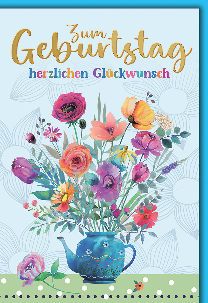 Geburtstagskarte mit Blumenmotiv: Bunte Aquarellblüten in Teekanne – Fröhliche Glückwünsche