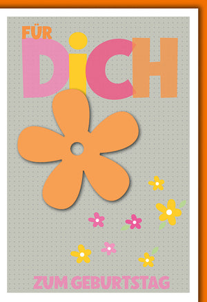 Geburtstagskarte mit Blumenmotiv, bunte Retro-Blüten und Schriftzug 