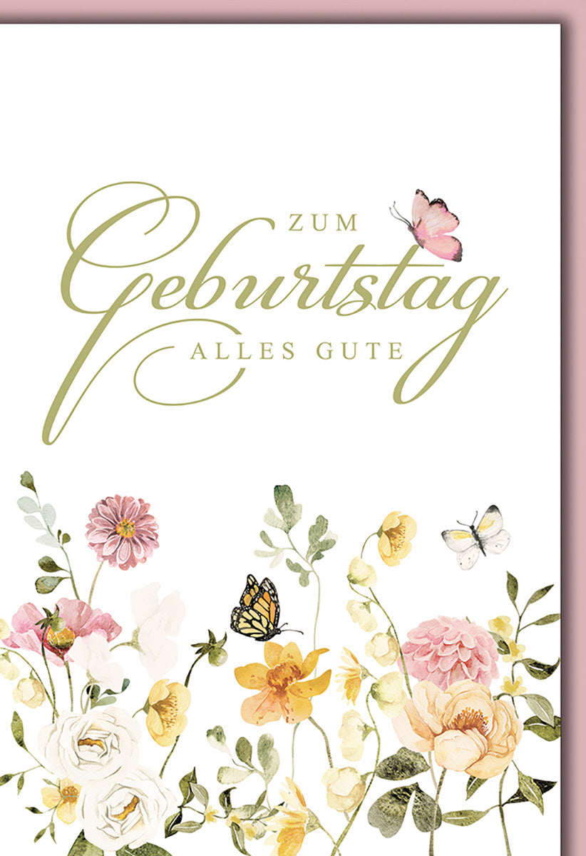 Geburtstagskarte mit Blumenmotiv – Elegante Aquarellblumen und Schmetterlinge für Naturliebhaber