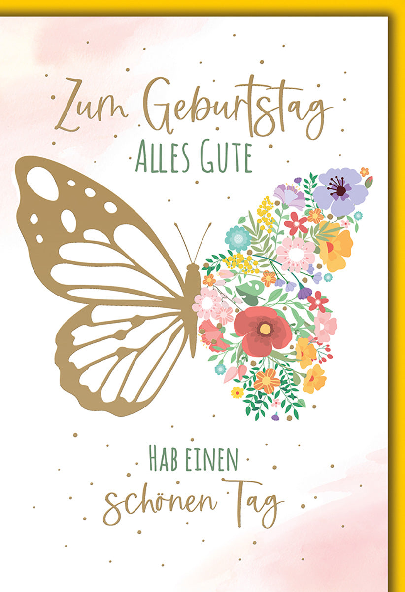 Geburtstagskarte mit Blumenmotiv: Goldener Schmetterling & Bunte Blüten für einen besonderen Tag