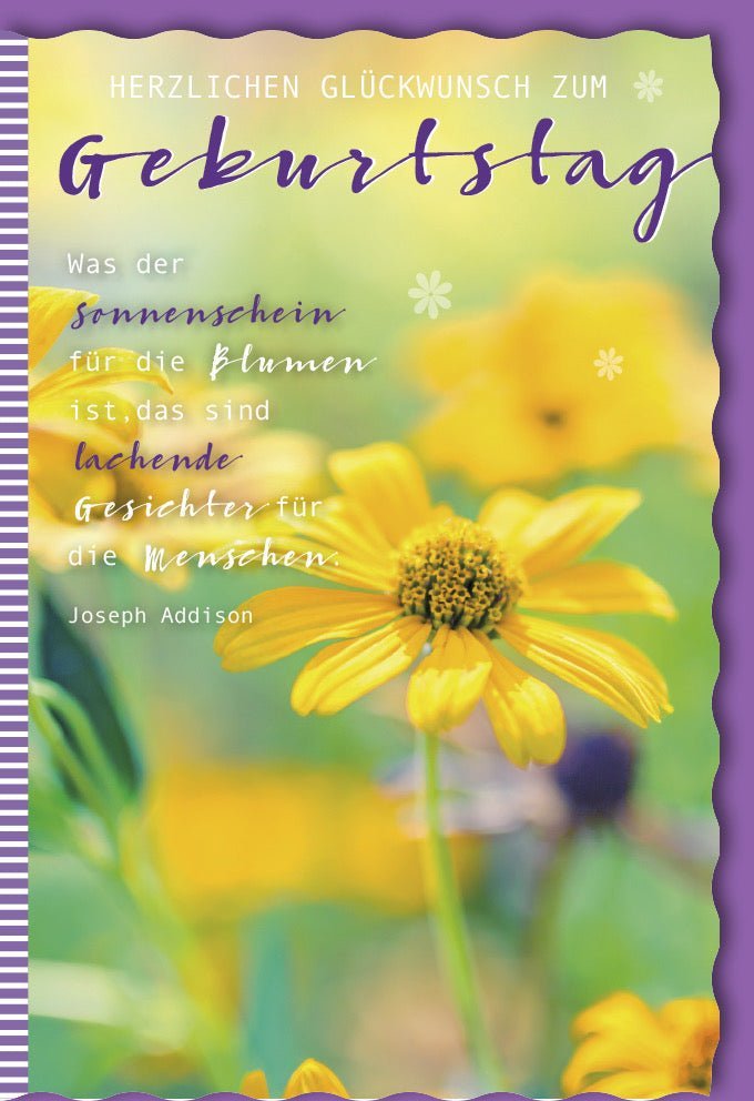 Geburtstagskarte Blumenmotiv, Joseph Addison Zitat - Gelb, Lila, Natur, Sonnenschein | Grußkarte mit Ausstanzung für Lebensfreude