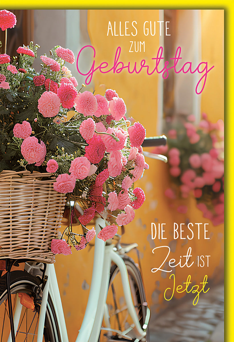 Geburtstagskarte mit Blumenmotiv: Romantisches Fahrrad & Rosarote Blüten für unvergessliche Grüße