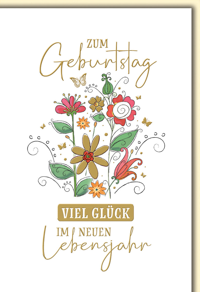 Geburtstagskarte mit Blumenmotiv – Verspielte Blüten in Pastellfarben für Glückwünsche zum neuen Lebensjahr