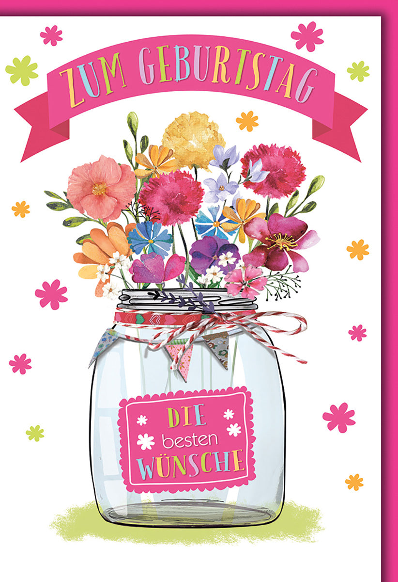 Geburtstagskarte mit Blumenstrauß im Einmachglas – Bunte Blütenpracht für fröhliche Geburtstagsgrüße