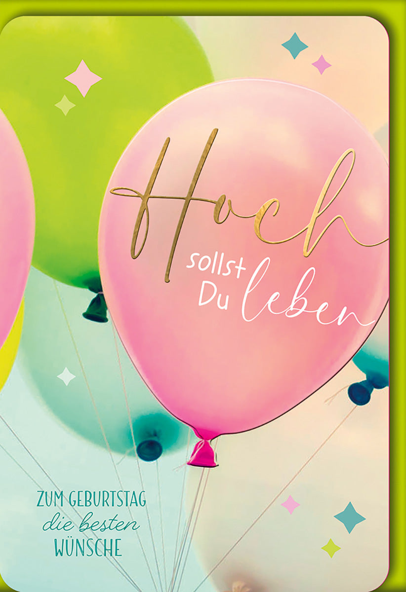 Geburtstagskarte mit bunten Ballons und goldener Schrift – Fröhliche Glückwünsche zum Geburtstag