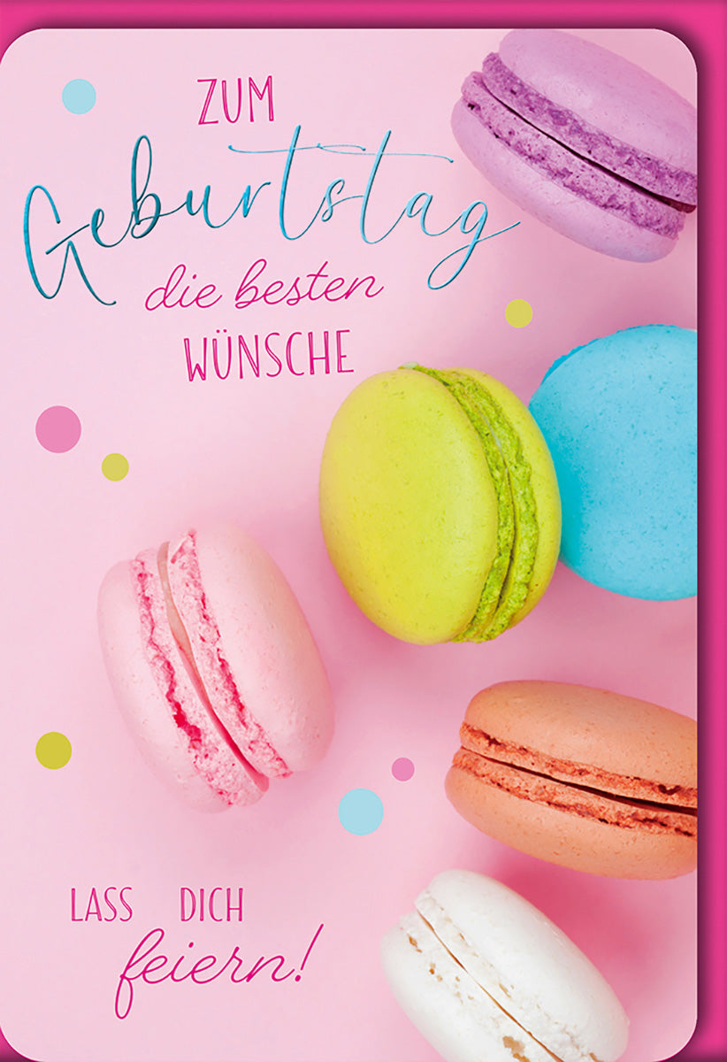 Geburtstagskarte mit bunten Macarons – Fröhliches Design in Pastellfarben für süße Geburtstagsgrüße