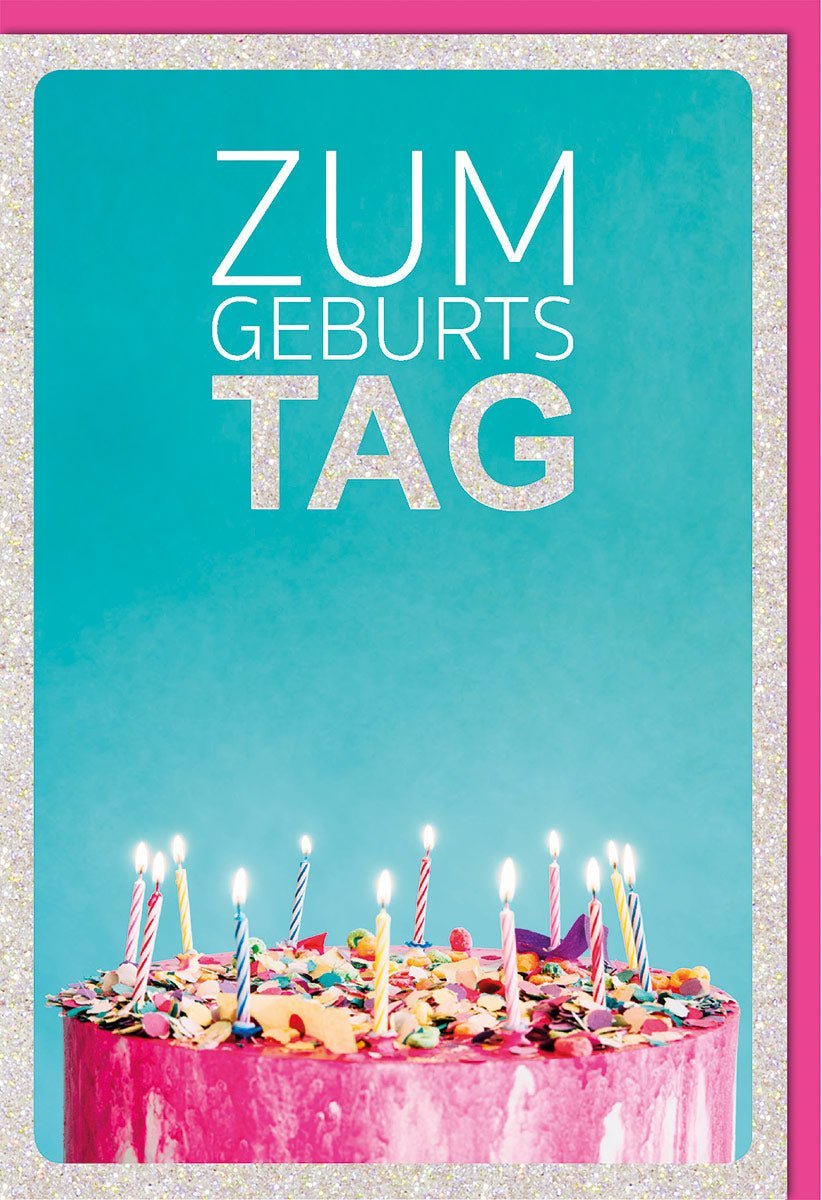 Geburtstagskarte mit Glitzerlack & buntem Torten-Design für persönliche Geburtstagsgrüße. Inkl. farblich passendem Kuvert.