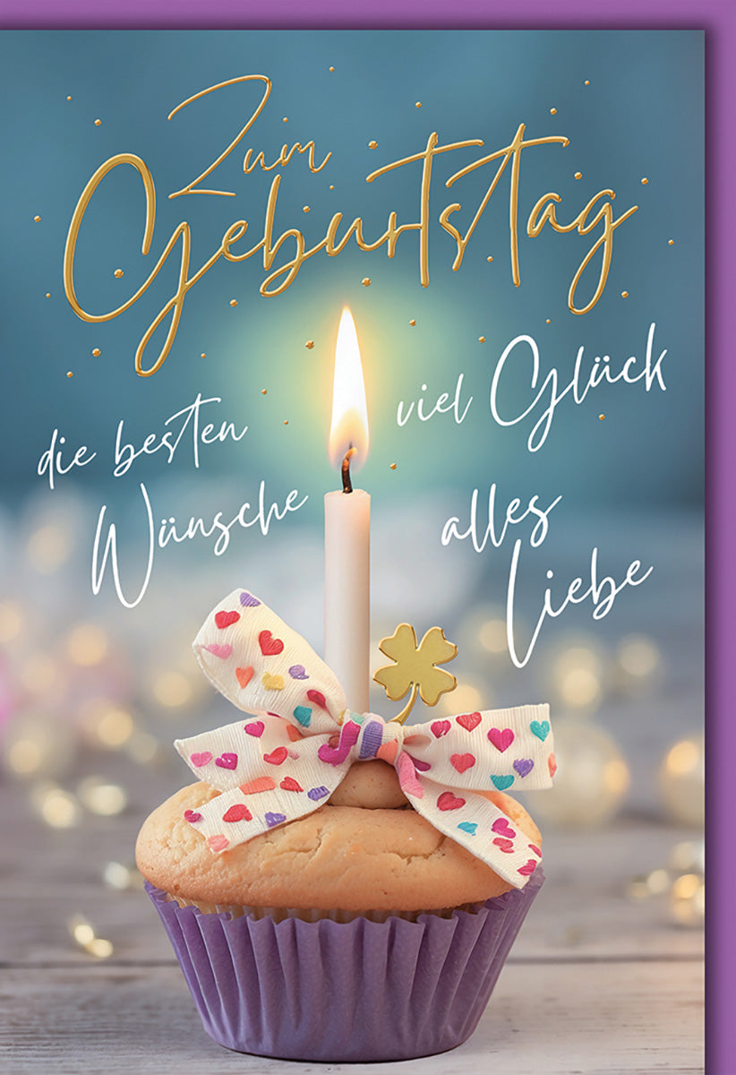 Geburtstagskarte mit Cupcake-Motiv: Verspieltes Design, Herzchen-Schleife, Kerze, bunte Schriftzüge
