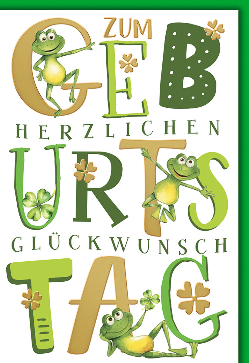 Geburtstagskarte mit Fröschen: Verspieltes Design in Grün und Gold für Kinder und Tierliebhaber