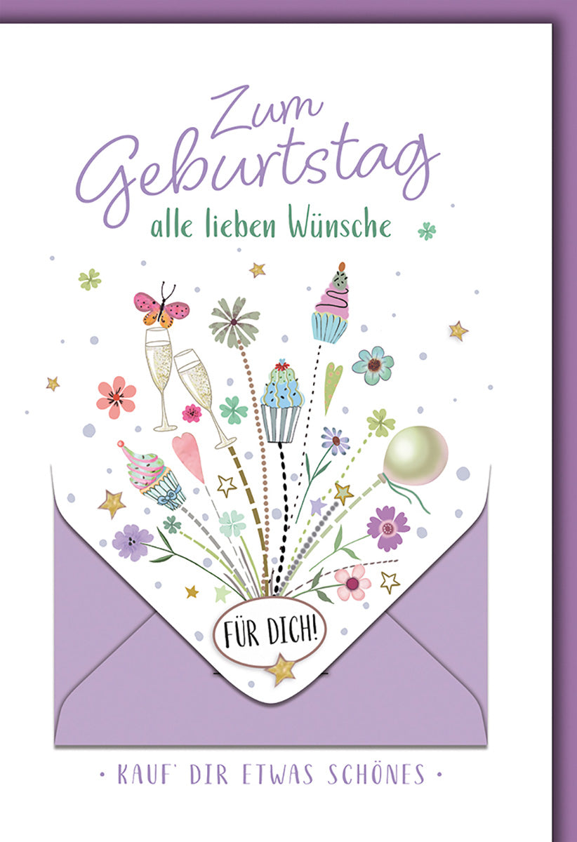 Geburtstagskarte mit Geldkuvert: Verspieltes Design mit Cupcakes & Blumen in Pastellfarben für Frauen